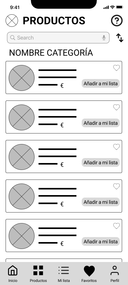 Wireframe del listado de productos de una categoría, con opción de añadir a favoritos y a la lista de la compra.